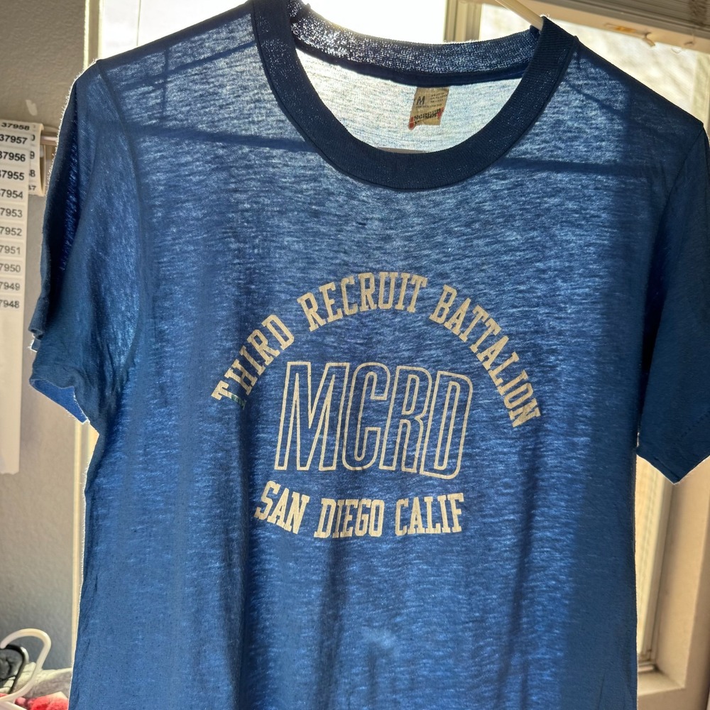 Vintage 80s Paper Thin T Shirt Mens Medium Blue San Diego Military MCRD USA